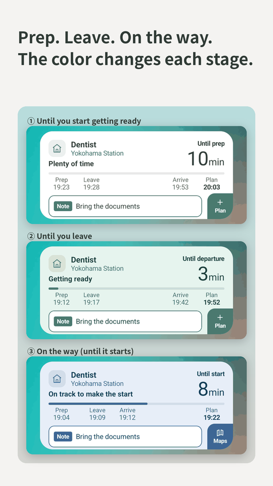 Prep. Leave. On the way. The color changes each stage. White, green and blue widgets side by side.