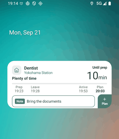 The Yotemy 4×2 widget on a home screen: Dentist, Yokohama Station, the time left until prep, and “Plenty of time”. Below it, an axis with four points — prep, leave, arrive, plan — and a note field.