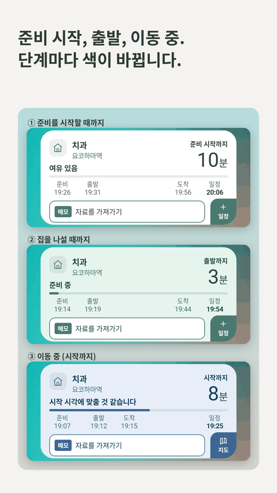 준비 시작, 출발, 이동 중. 단계마다 색이 바뀝니다. 흰색·초록·파랑 위젯이 나란히 있다.
