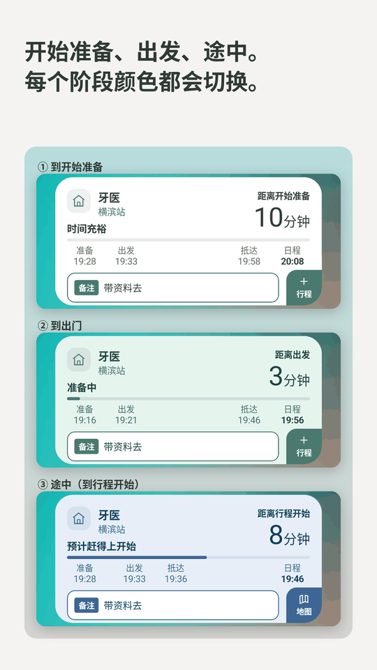 开始准备、出发、途中。每个阶段颜色都会切换。白、绿、蓝的小组件并排。